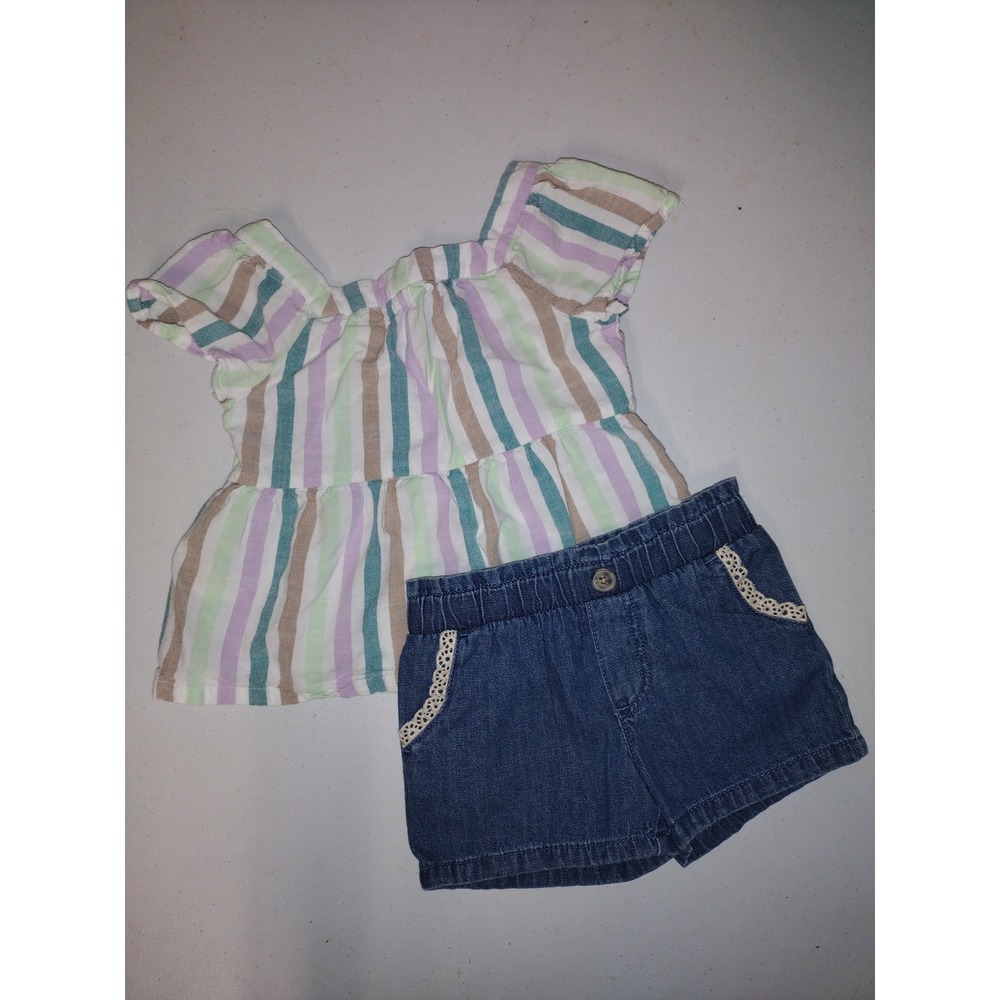 Carters‎ Toddler Girls 4T Striped Peplum Top and Lace Trim Denim Shorts Set